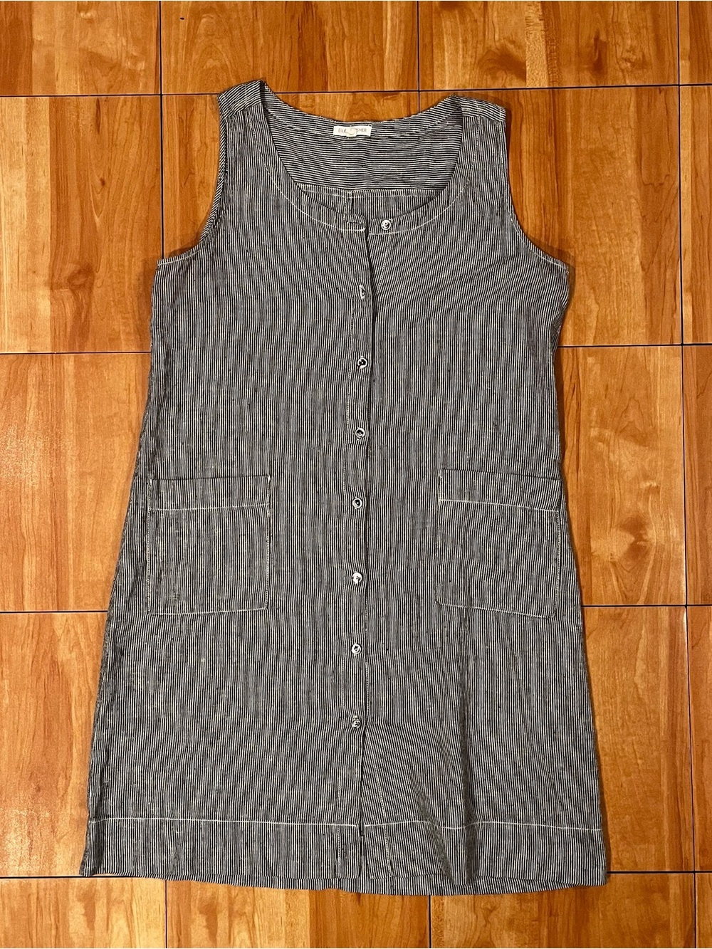 Eileen Fisher Organic Linen Pinstripe Button Front Shift Dress Small - Picture 2 of 4